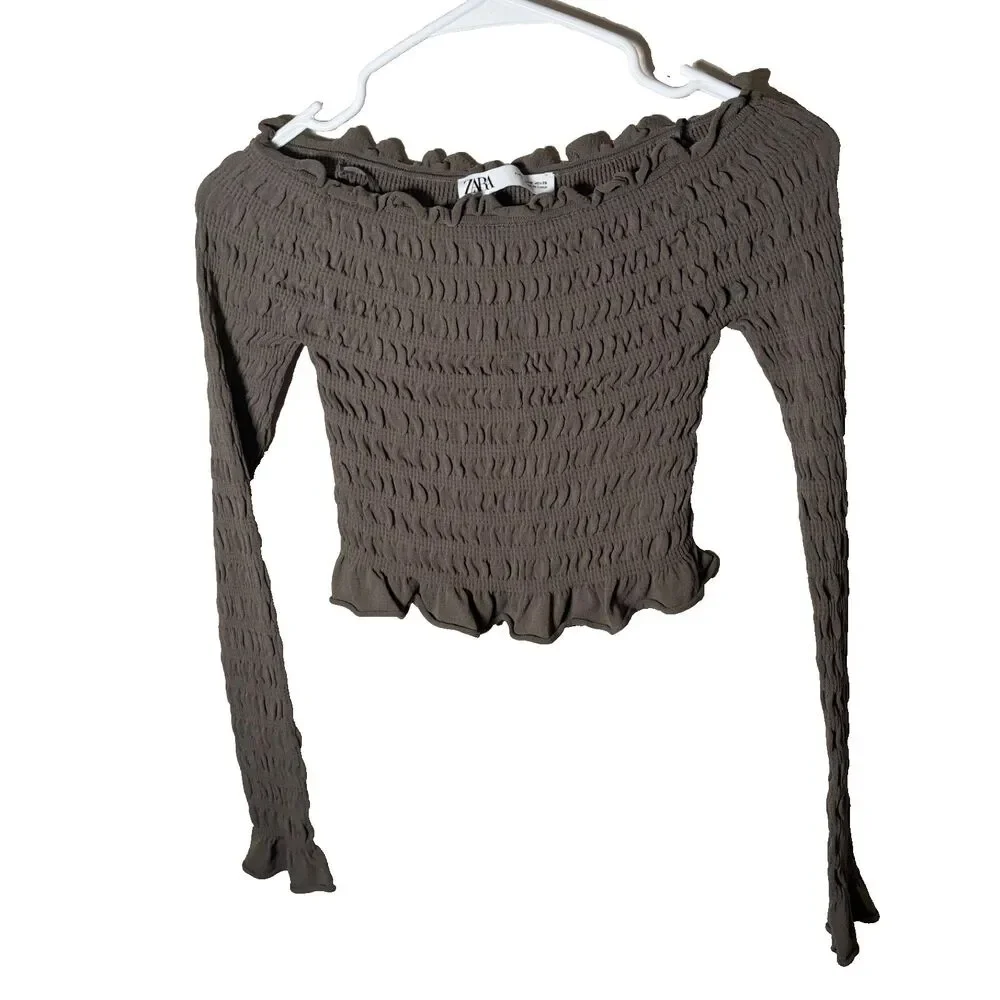 Zara Blouse Women's Small Olive Smocked Cropped Long Sleeve Ruffle Top